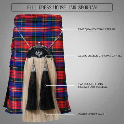 Full Dress Horse Hair Sporran with detailed Thistle Chrome Cantle, showcasing luxurious materials and traditional Scottish design.