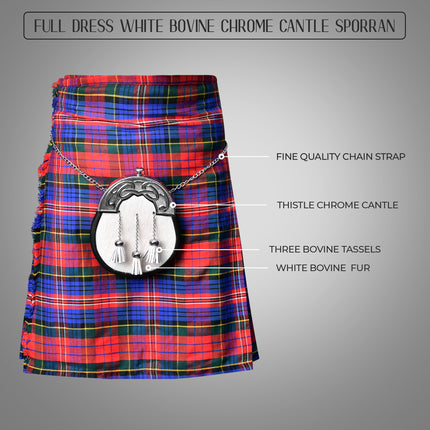 Premium Quality Scottish White Bovine Sporran with Chain Belt