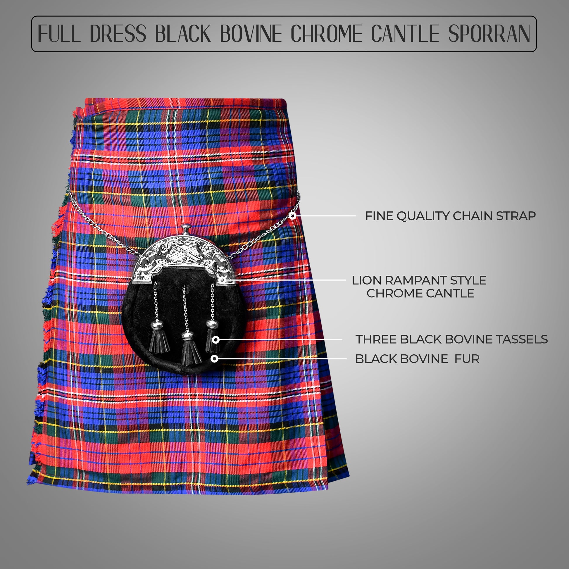 Premium Quality Scottish Bovine Sporran with chain belt for men