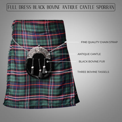 Premium Quality Scottish Black Bovine Sporran with chain belt