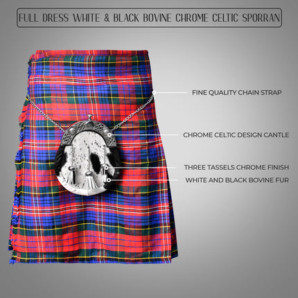 Premium Scottish White & Black Bovine Sporran with Chain Belt