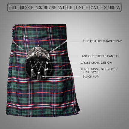 Scottish Black Bovine Sporran with chain belt and cross chain tassels design