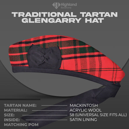 Mackintosh Glengarry hat with classic black, white, and red tartan pattern