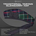 Green Leslie Glengarry featuring the green and blue tartan pattern of the Leslie Clan, crafted from high-quality materials.