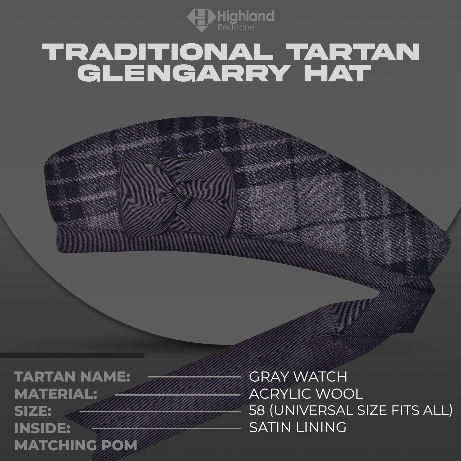 Gray Watch Glengarry featuring the gray and black tartan pattern of the Watch Clan, crafted from high-quality materials.