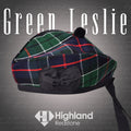 Green Leslie Glengarry featuring the green and blue tartan pattern of the Leslie Clan, crafted from high-quality materials.