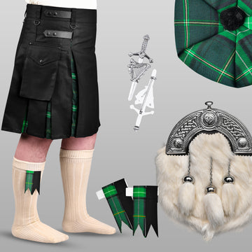 Pack of 5 St Patrick’s deal (Celtic Hybid kilt with Flashes, White Rabbit Fur Sporran, Tam o Shanter, Pin and Cream Hose)