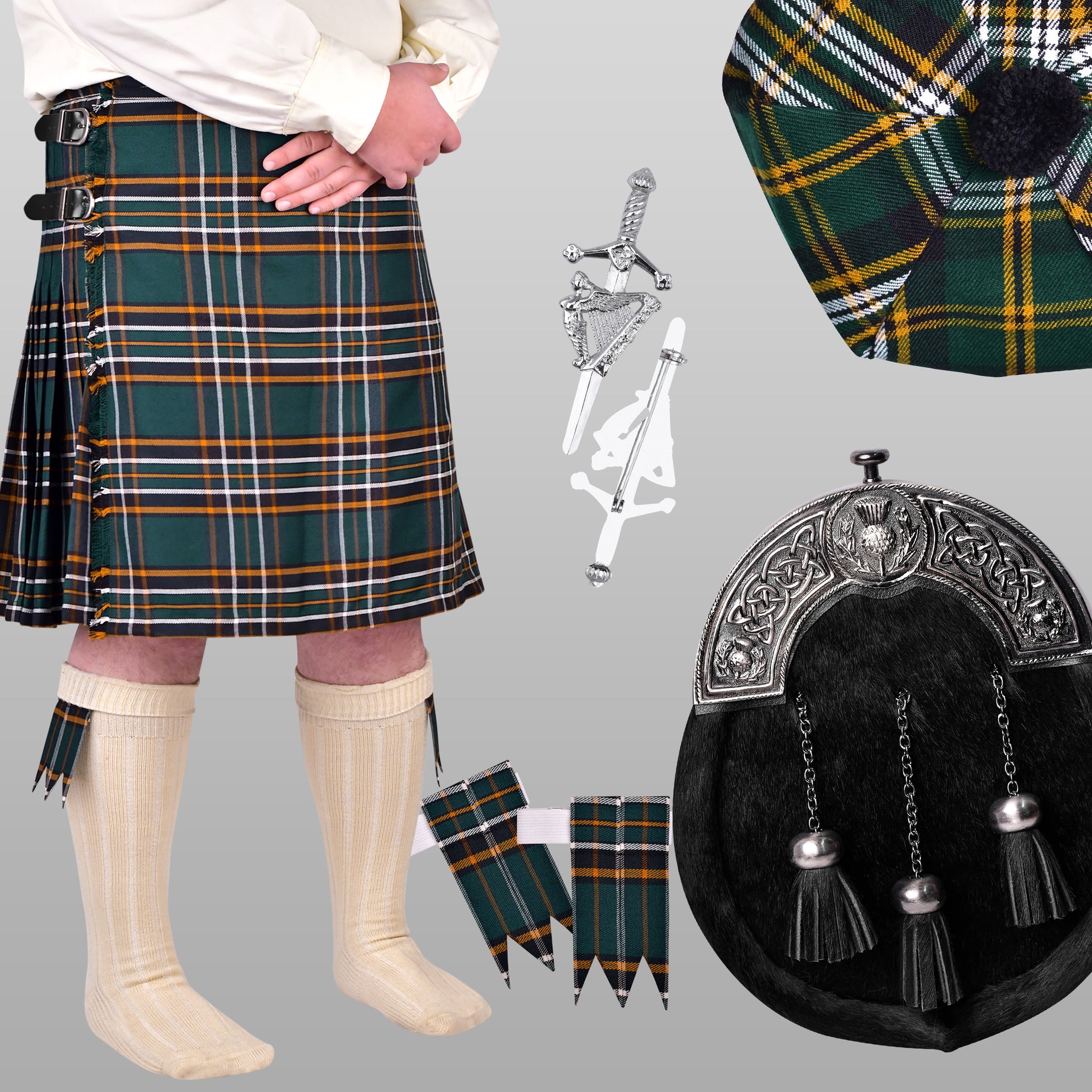 Pack of 5 St Patrick’s deal (Irish PV kilt with Flashes, Black Bovine Sporran, Tam o Shanter, Pin and Cream Hose)