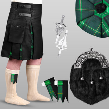 Pack of 5 St Patrick’s deal (Celtic Hybid kilt with Flashes, Black Rabbit Fur Sporran, Tam o Shanter, Pin and Cream Hose)