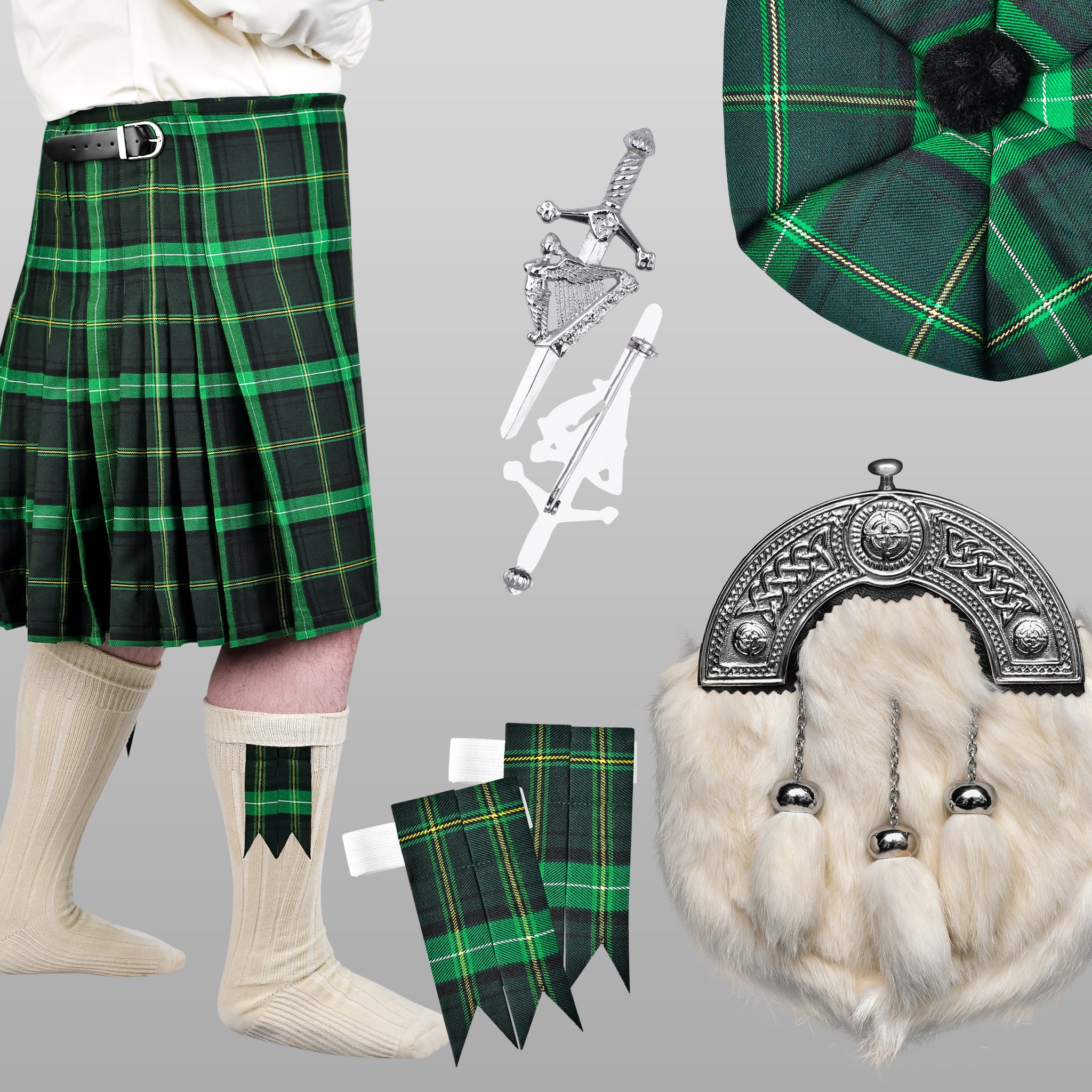 Pack of 5 St Patrick’s deal (Celtic PV kilt with Flashes, White Rabbit Fur Sporran, Tam o Shanter, Pin and Cream Hose)