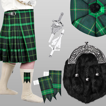 Pack of 5 St Patrick’s deal (Celtic PV kilt with Flashes, Black Rabbit Fur Sporran, Tam o Shanter, Pin and Cream Hose)