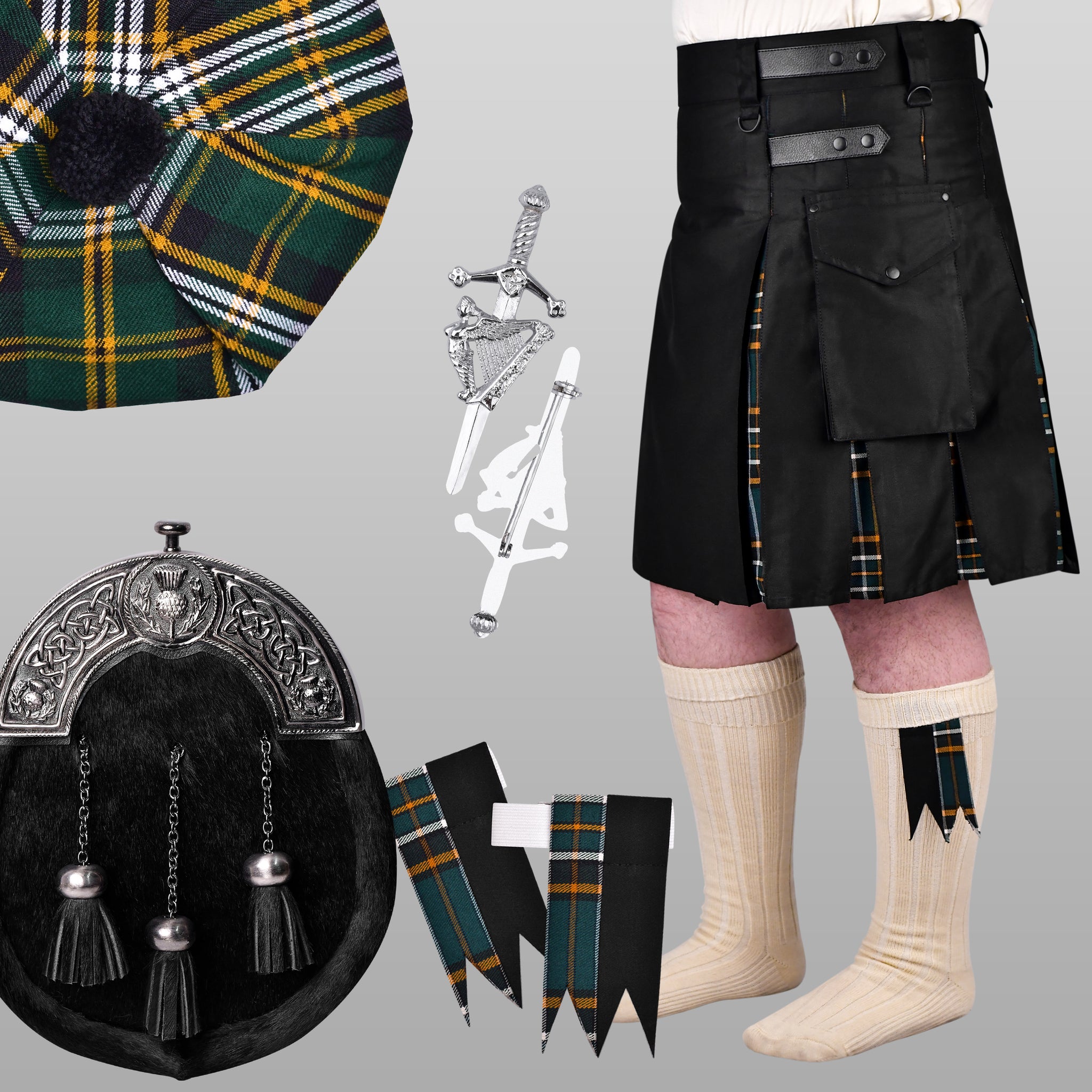 Pack of 5 St Patrick’s deal (Irish Hybrid kilt with Flashes, Black Bovine Sporran, Tam o Shanter, Pin and Cream Hose)