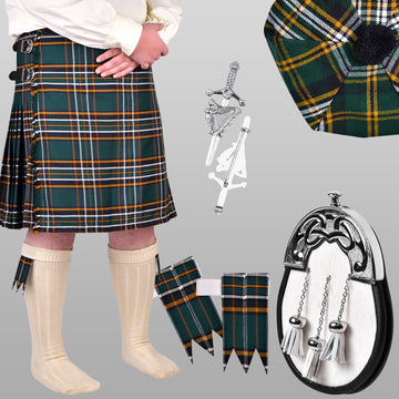 Pack of 5 St Patrick’s deal (Irish PV kilt with Flashes, White Bovine Sporran, Tam o Shanter, Pin and Cream Hose)