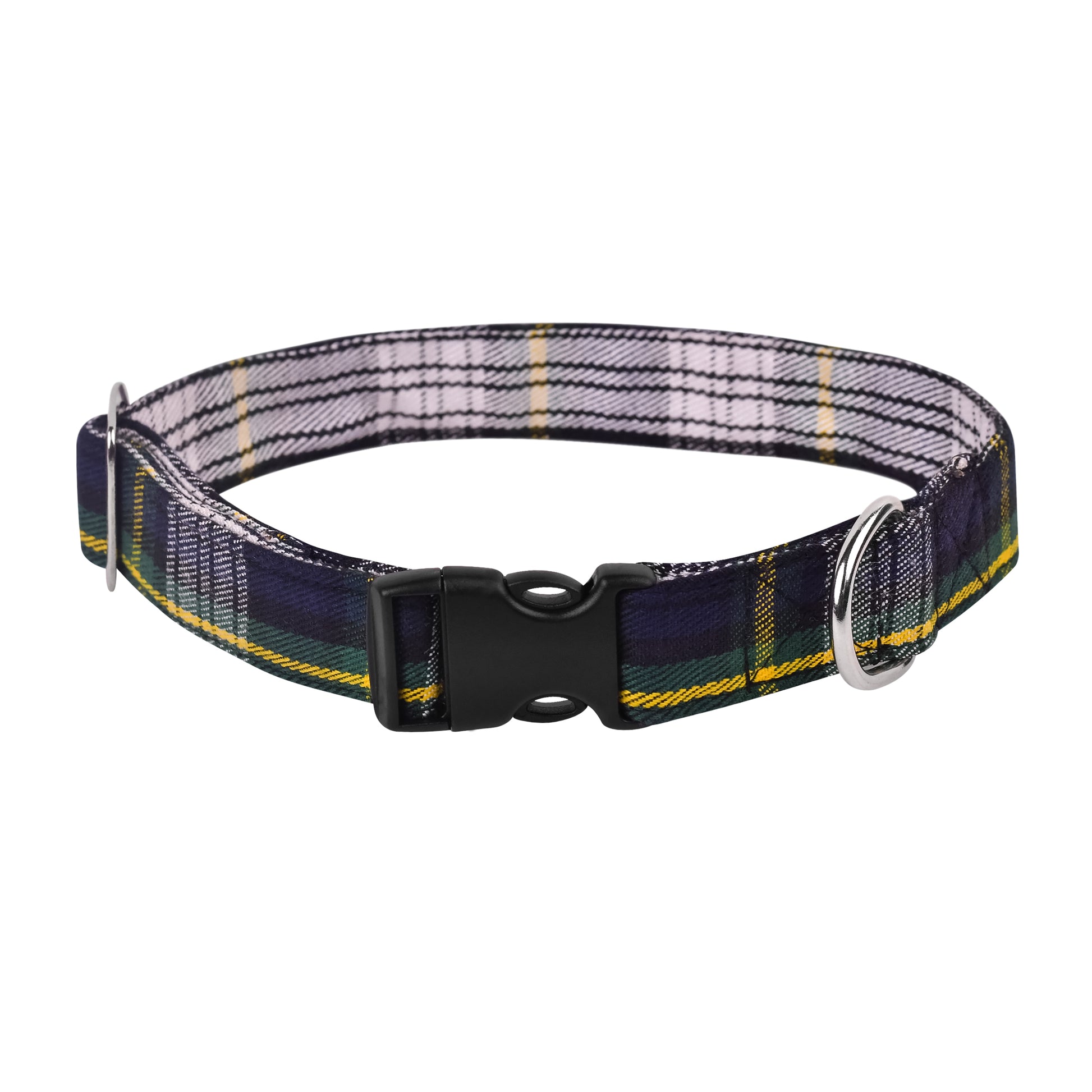 Dress Gordon Tartan Dog Collar with blue, green, and white pattern, showcasing stylish design and high-quality materials.