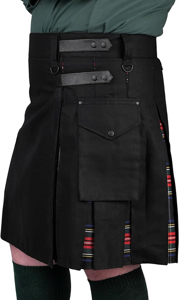 Black Stewart Hybrid Utility Kilt for Men - Scottish Traditional Design with Flashes
