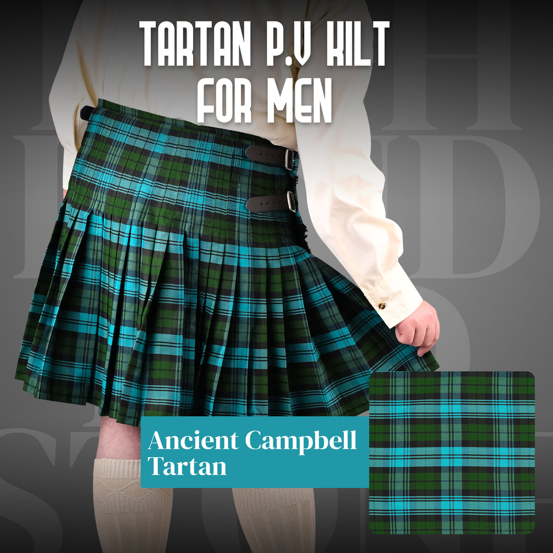 Ancient Campbell Traditional Tartan Kilt for Men I Polyviscose 8 Yard