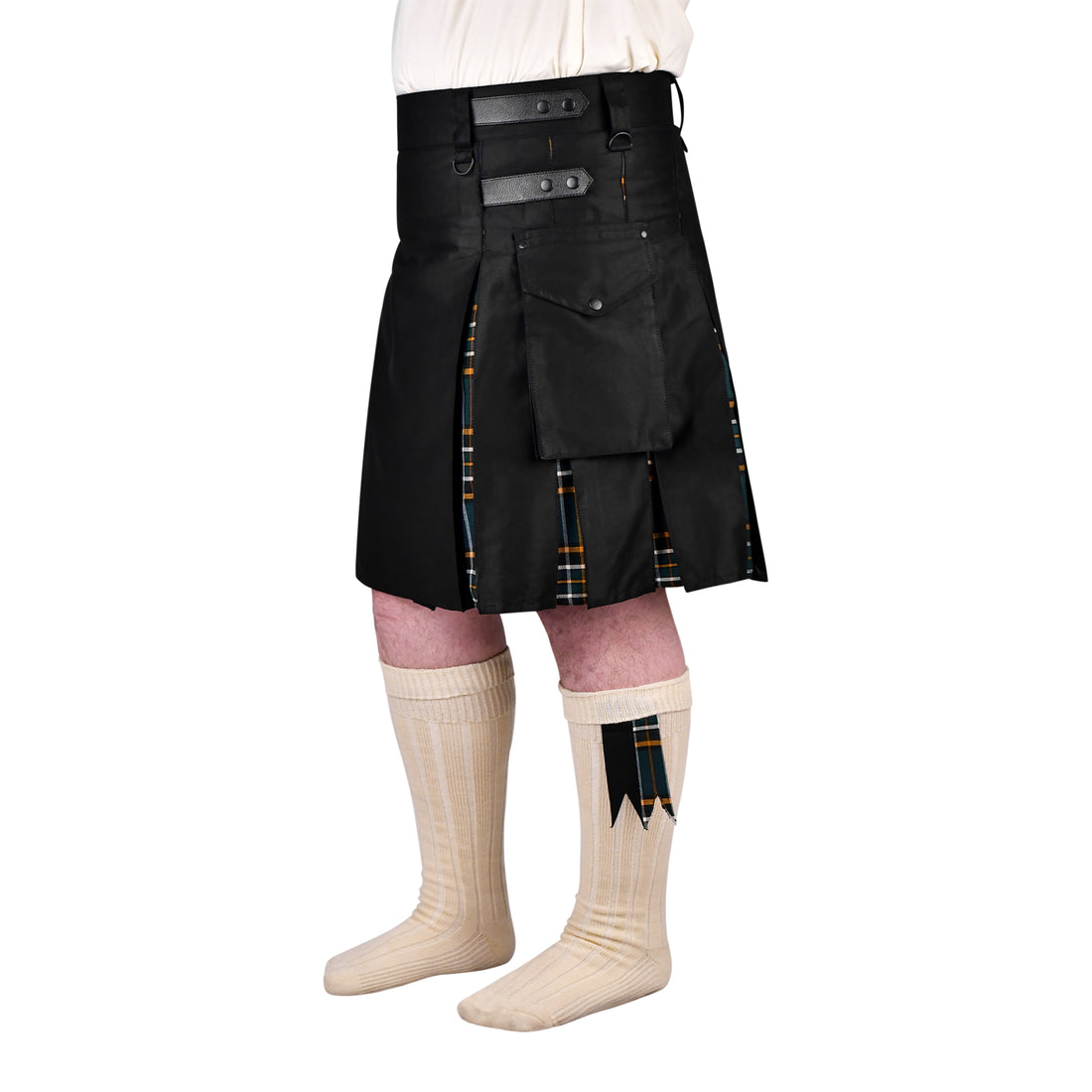 Pack of 5 St Patrick’s deal (Irish Hybrid kilt with Flashes, White Bovine Sporran, Tam o Shanter, Pin and Cream Hose)