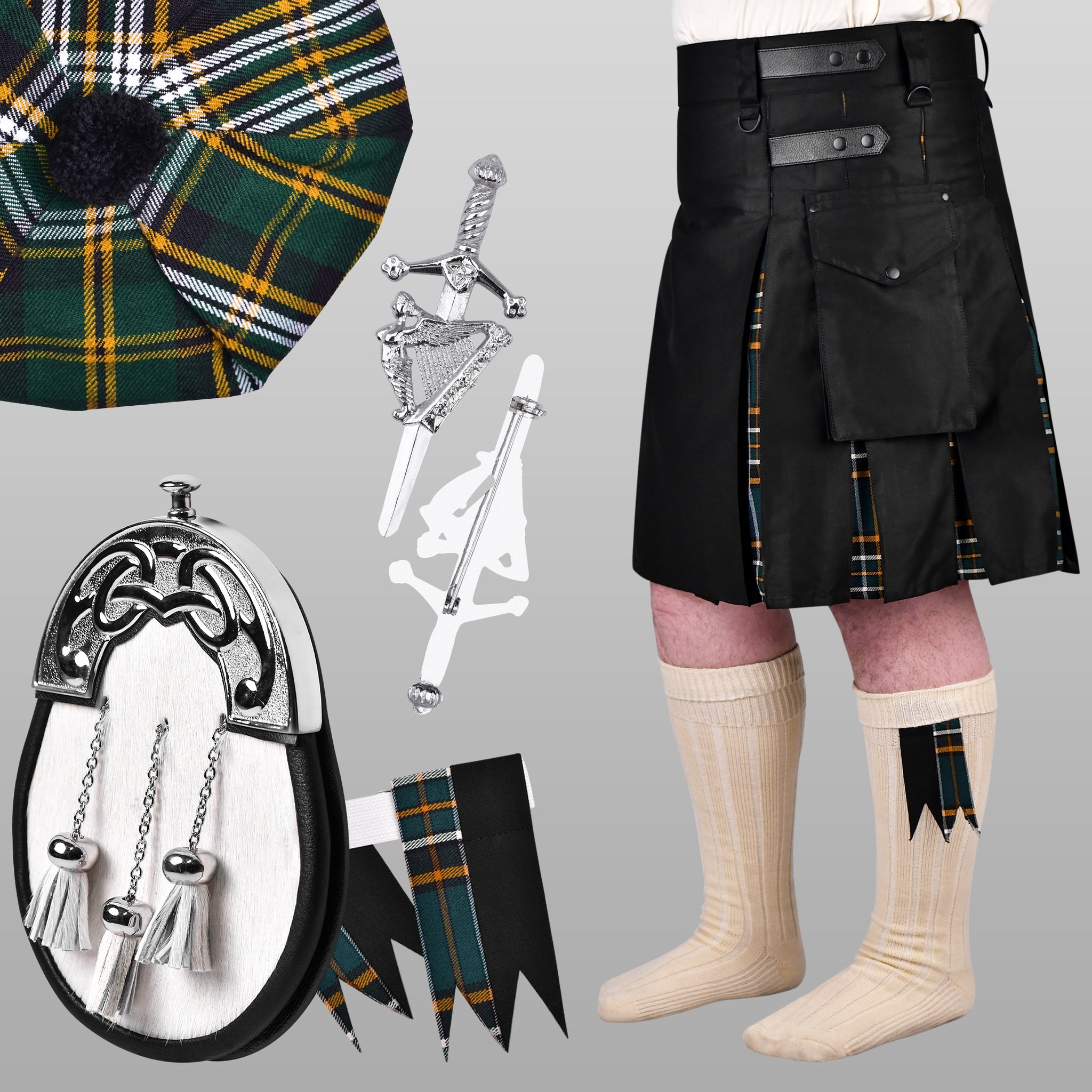 Pack of 5 St Patrick’s deal (Irish Hybrid kilt with Flashes, White Bovine Sporran, Tam o Shanter, Pin and Cream Hose)