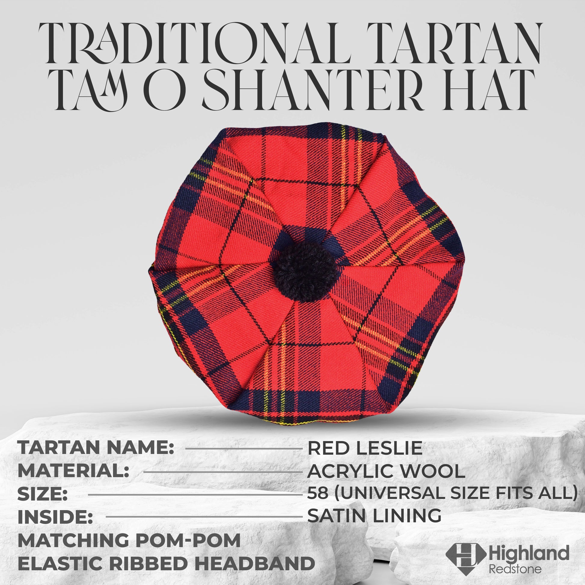 Tam O'Shanter Hat with Pompom in Red Leslie Tartan
